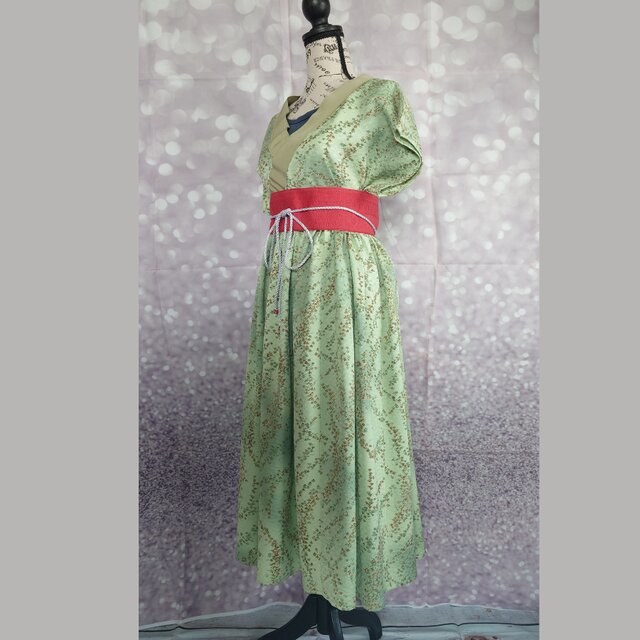 d80 フレンチスリーブ 着物風 カシュクールワンピース サッシュベルト