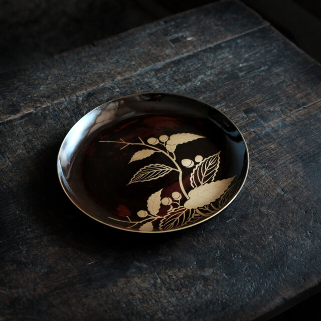 素敵な色味◇枝木と実 漆芸蒔絵中皿 漆器 骨董/antiques 古民家