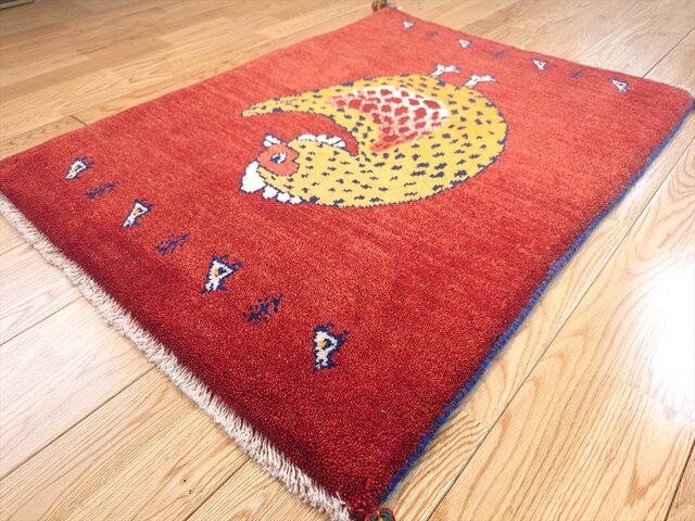 ペルシャ ギャッベ 玄関マット ラグ 88x68cm 茜色 にわとり