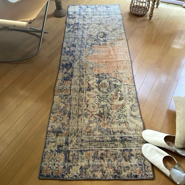 66×136ブラウン×ブルー　擦れシャビー　トルコヴィンテージラグ 60×199 ロングランナーラグ 擦れ シャビー ウール トルコ