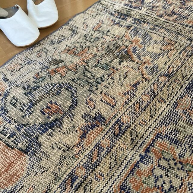 66×136ブラウン×ブルー　擦れシャビー　トルコヴィンテージラグ 66×136ブラウン×ブルー 擦れシャビー トルコヴィンテージラグ