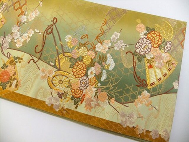 16)2343】199cm/新品・檜扇花車文様/タペストリー・テーブル