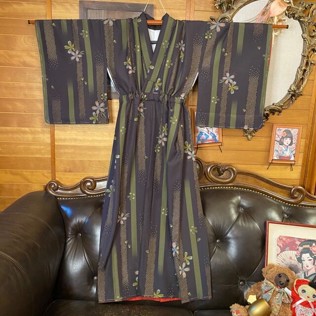 着物 リメイク ロング ワンピース ドレス 洗える 化繊 名古屋帯