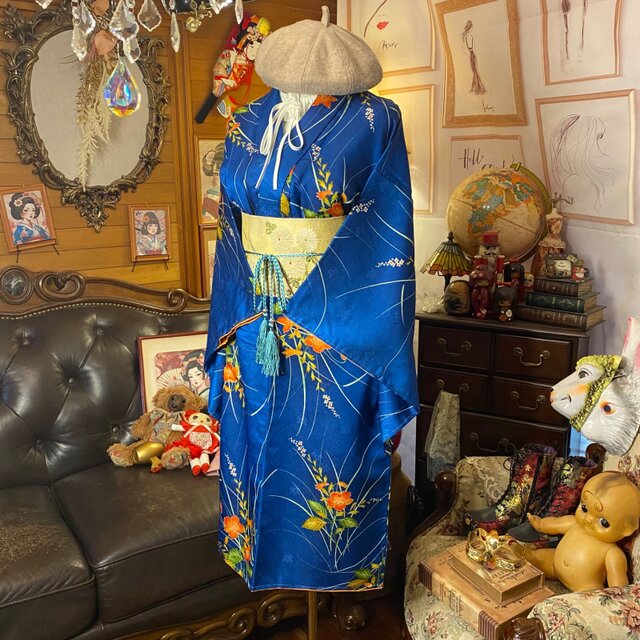 着物リメイク ワンピース／ドレス／洗える化繊 帯サッシュベルト 深い