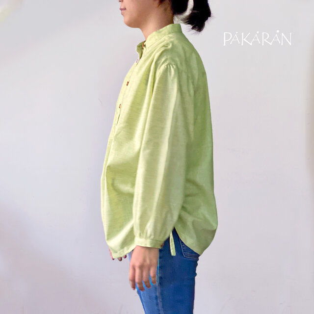 サイドギャザー入りリネンコットン長袖シャツ 爽やかライムグリーン 春
