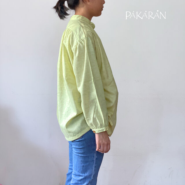 サイドギャザー入りリネンコットン長袖シャツ 爽やかライムグリーン 春