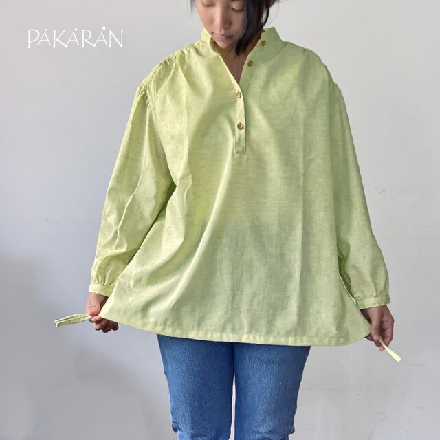 サイドギャザー入りリネンコットン長袖シャツ 爽やかライムグリーン 春