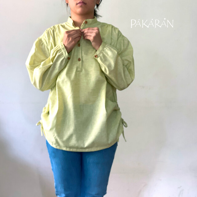 サイドギャザー入りリネンコットン長袖シャツ 爽やかライムグリーン 春