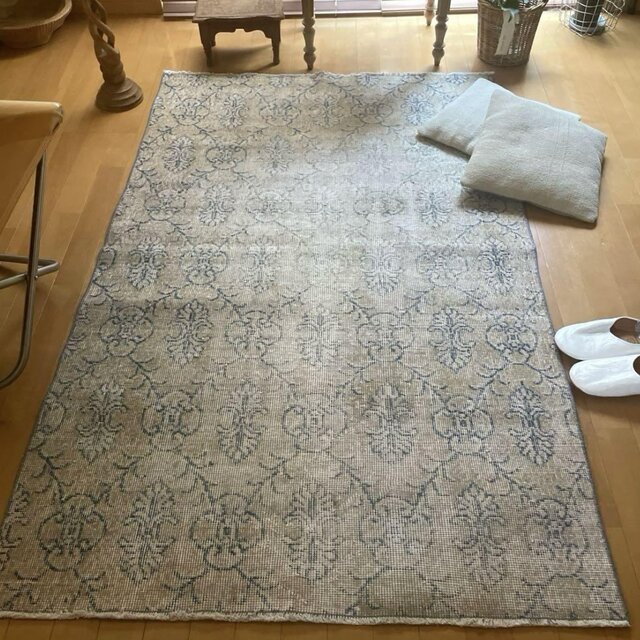 69×136 ブラウン×ブルー　擦れシャビー　トルコヴィンテージラグ スカイブルー121×201ベージュ メダリオン ブラウン トルコ