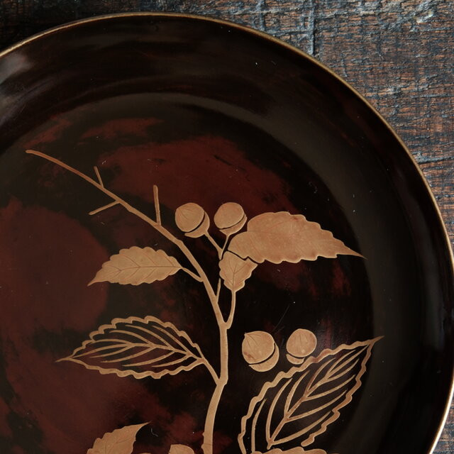 素敵な色味◇枝木と実 漆芸蒔絵中皿 漆器 骨董/antiques 古民家 時代物