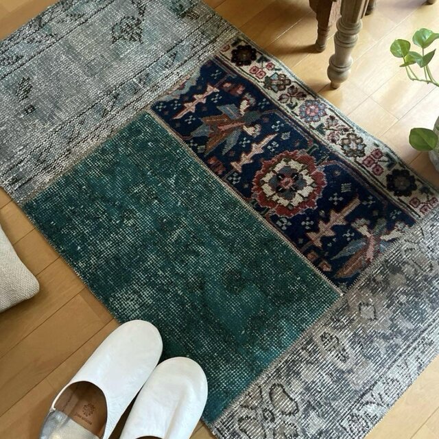 47.5×91 パッチワーク グリーンブルーボタニカル トルコヴィンテージラグ 57×104 パッチワークラグ ブルー ボタニカル トルコヴィンテージ