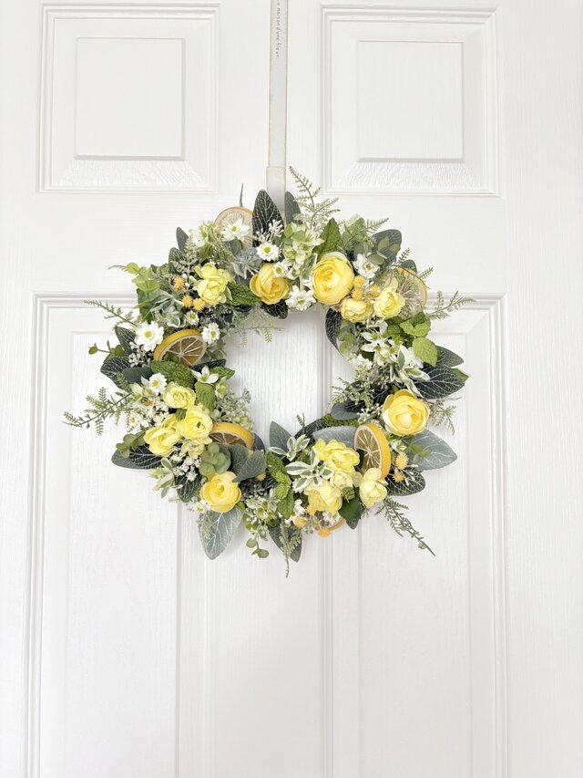 レモンとグリーンの爽やかリース（BOXつき）／アーティフィシャル