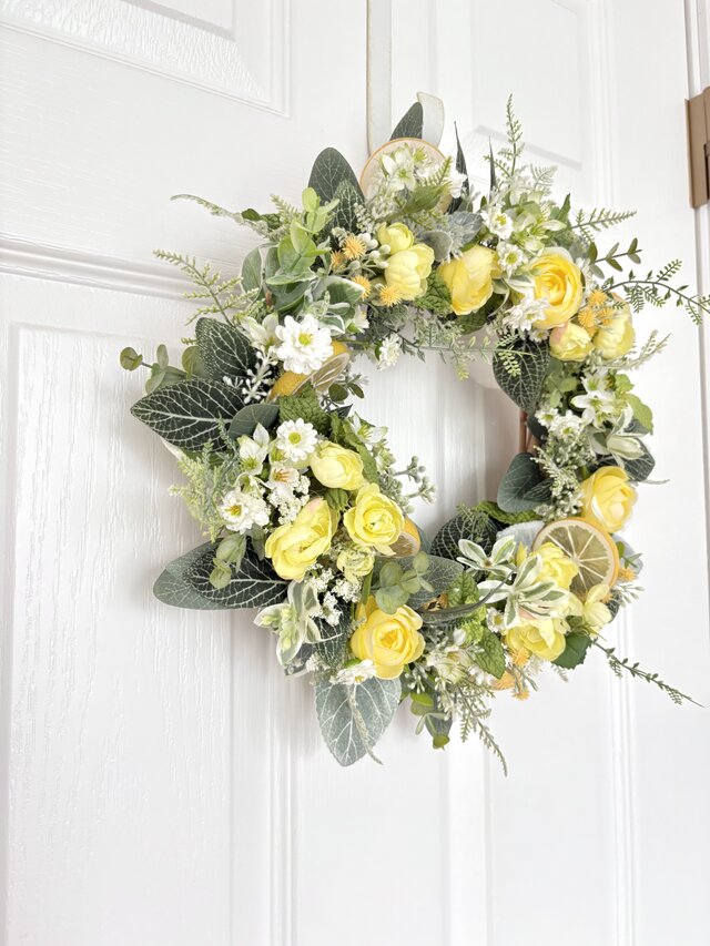レモンとグリーンの爽やかリース（BOXつき）／アーティフィシャル