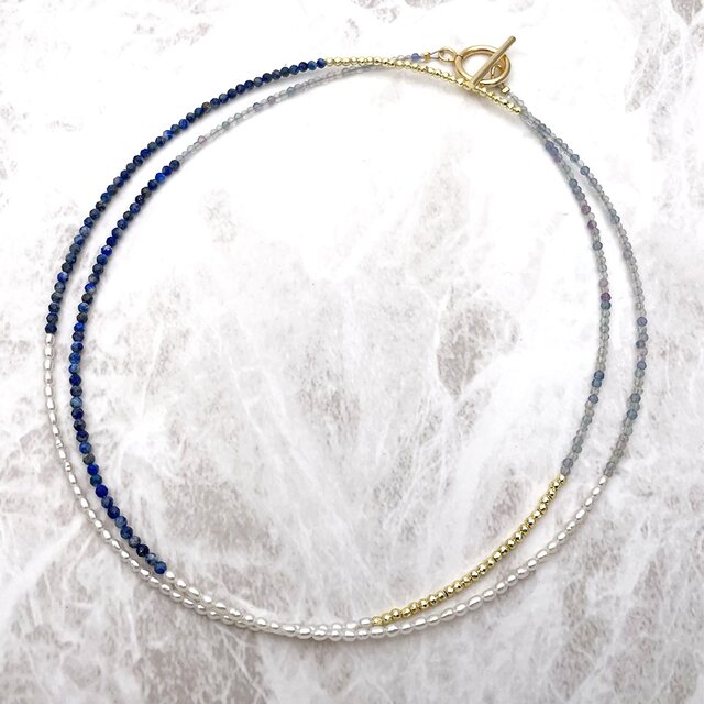 本真珠とラピスラズリのロングネックレス 80cm~120cm 極小 淡水パール 2mm 天然石 小粒 マンテル