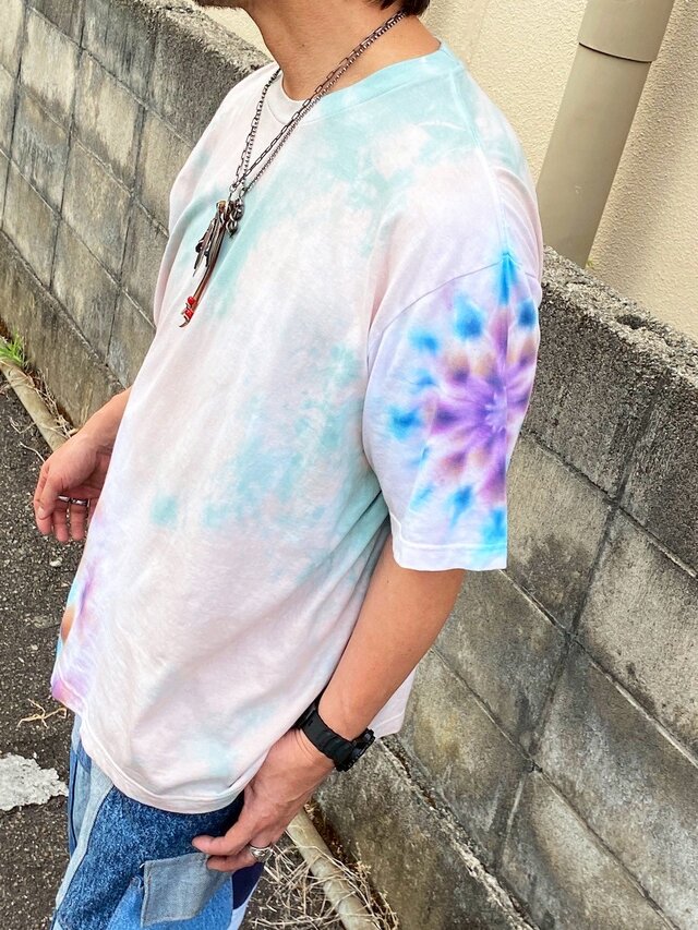 タイダイ ビッグシルエット Tシャツ XLサイズ　曼荼羅 ブルー×ベージュ Hippies Dye HD24-51