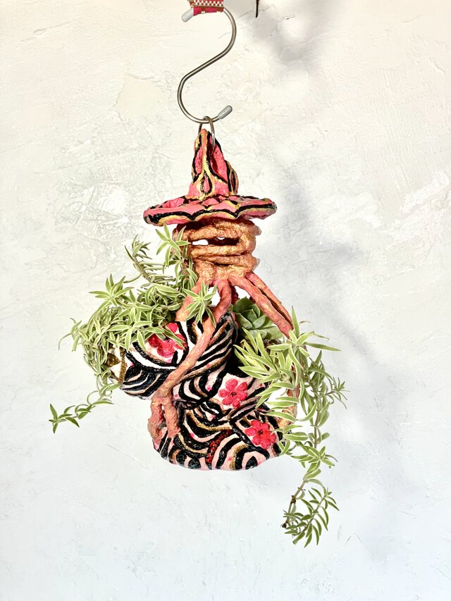 ミニ和風庭園　苔　アレンジ　天井ぶら下げるプランター灯篭プランター　オブジェ手作り　セメント　植木鉢