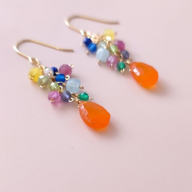 14KGF カーネリアン カラフル 天然石 ピアス イヤリング | iichi