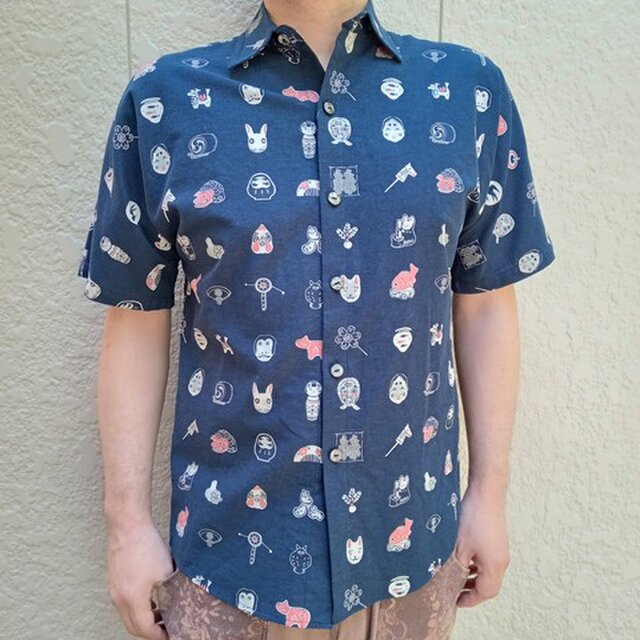 半袖安曇野木綿シャツ（昔玩具図）紺