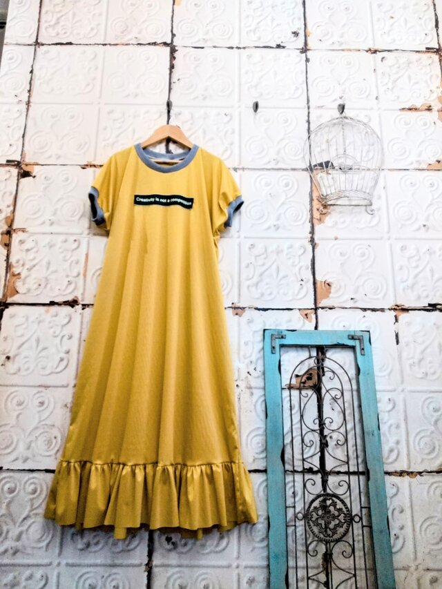 サマーセール！マスタードカラー上質カットソーロゴワンピース