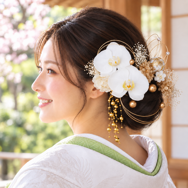 胡蝶蘭と枝垂れパールの髪飾り No.WK32 成人式 卒業式 結婚式 成人式髪