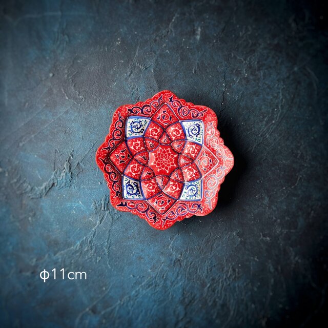 ペルシャのエナメル皿（ミーナーカーリー）飾り皿　アクセサリートレイ　香皿　Φ11ｃｍ【010-038】
