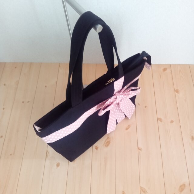 A4対応☆ファスナー付き☆ドットリボントートバッグ 大きめ