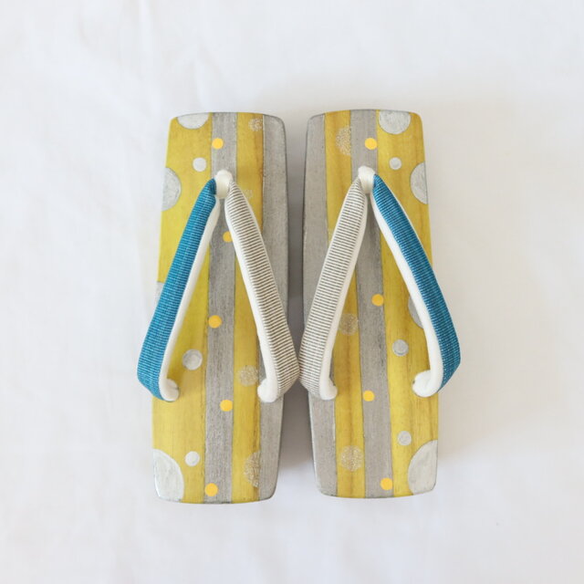 L 四角い下駄 三味右近 水玉 黄色 シルバーのコピー