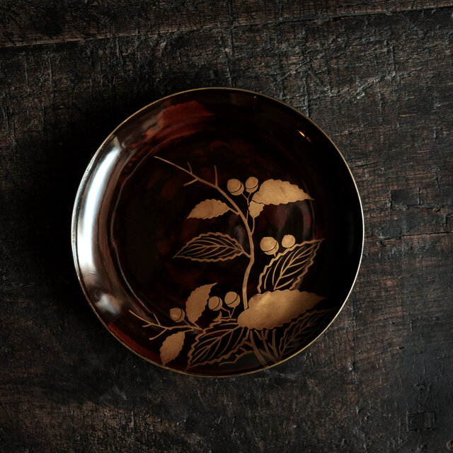 素敵な色味◆枝木と実　漆芸蒔絵中皿　漆器　骨董/antiques 古民家　時代物　明治時代　i5