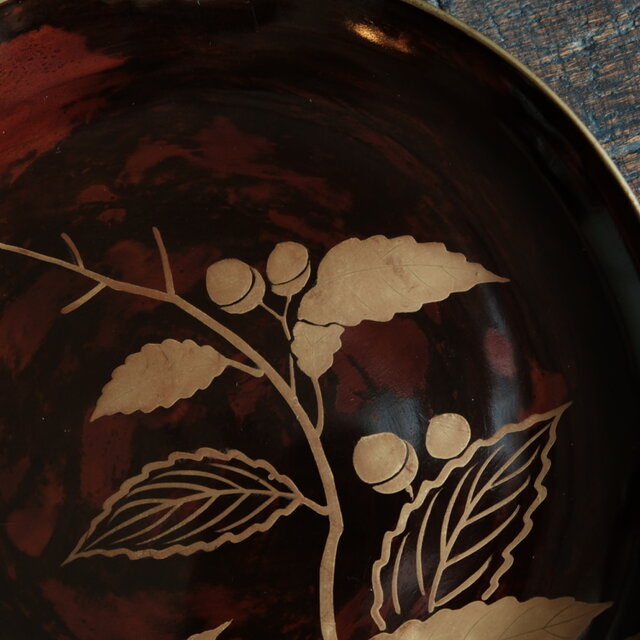 素敵な色味◇枝木と実 漆芸蒔絵中皿 漆器 骨董/antiques 古民家 時代物
