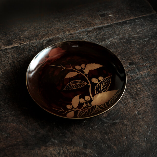 素敵な色味◇枝木と実 漆芸蒔絵中皿 漆器 骨董/antiques 古民家 時代物