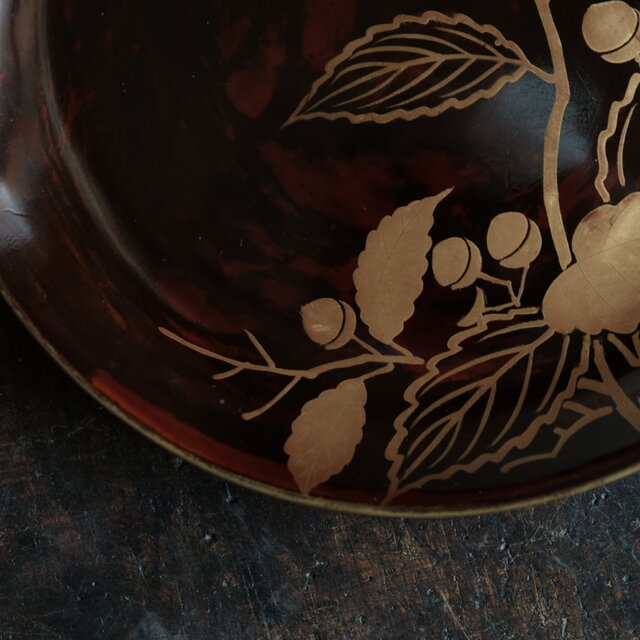 素敵な色味◇枝木と実 漆芸蒔絵中皿 漆器 骨董/antiques 古民家 時代物