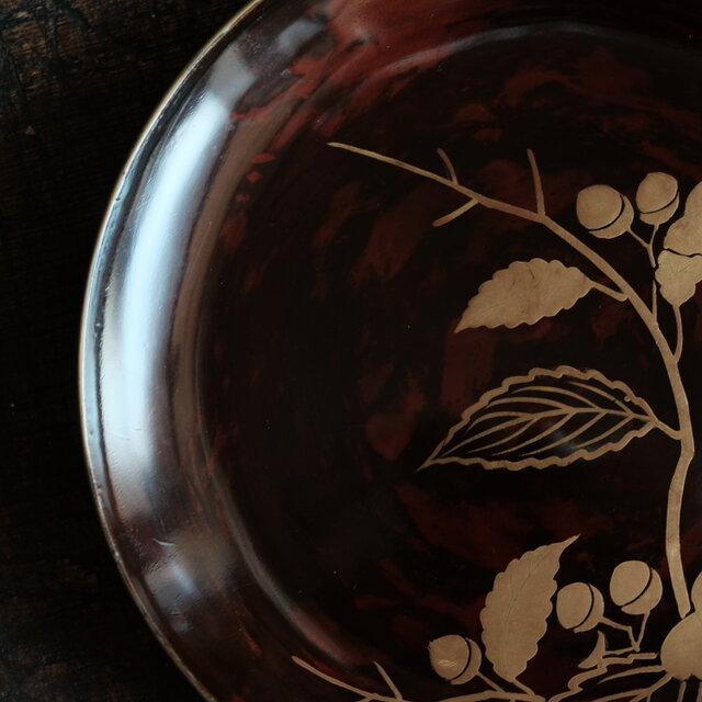 素敵な色味◇枝木と実 漆芸蒔絵中皿 漆器 骨董/antiques 古民家 時代物