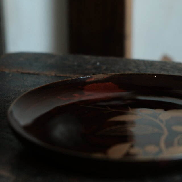 素敵な色味◇枝木と実 漆芸蒔絵中皿 漆器 骨董/antiques 古民家 時代物