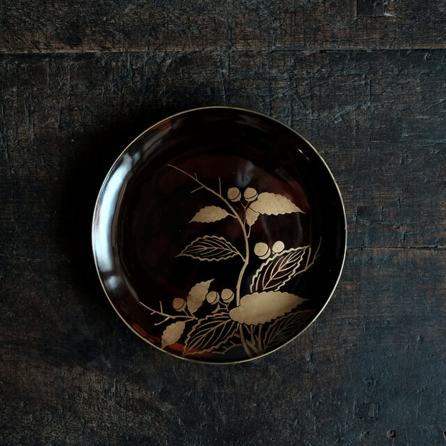 素敵な色味◆枝木と実　漆芸蒔絵中皿　漆器　骨董/antiques 古民家　時代物　明治時代　i6