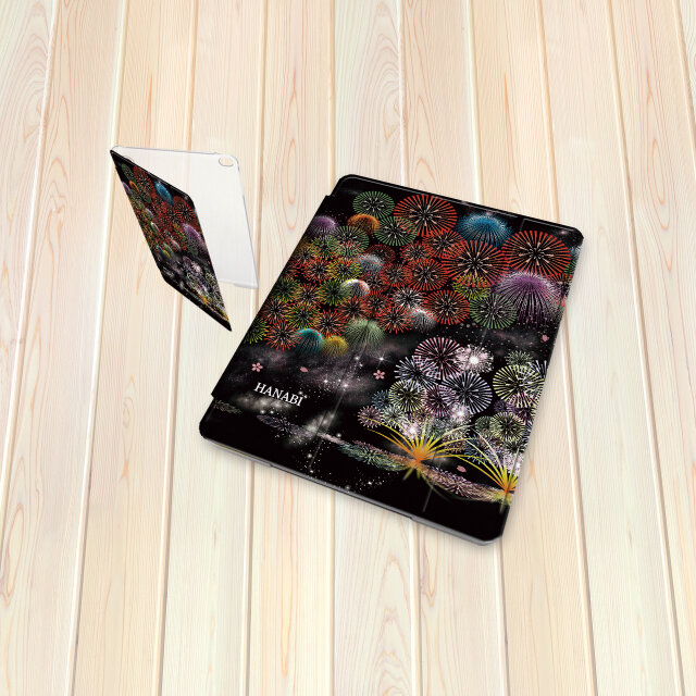 手帳型 iPadケース 【バックカバー：ハードタイプ】片面印刷/カメラ穴有【花火Ⅱ（HANABIⅡ）】