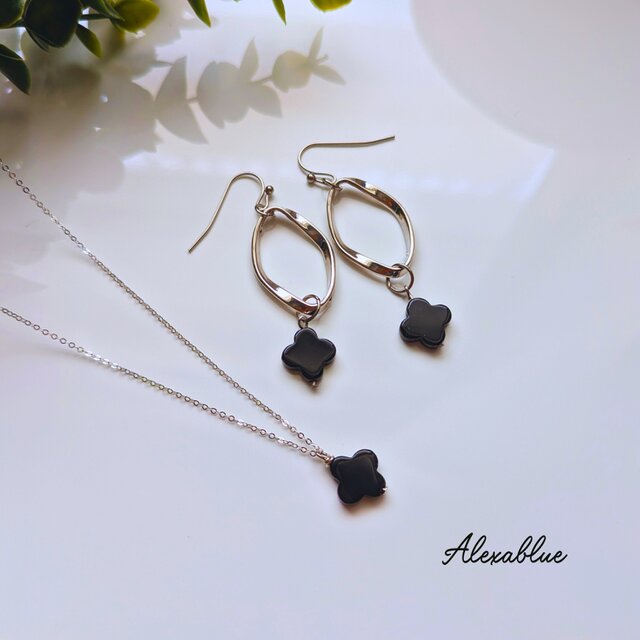 クローバーオニキス ピアス＆ネックレスセット S925×サージカルステンレス 大人女子アクセサリー 金属アレルギー対応
