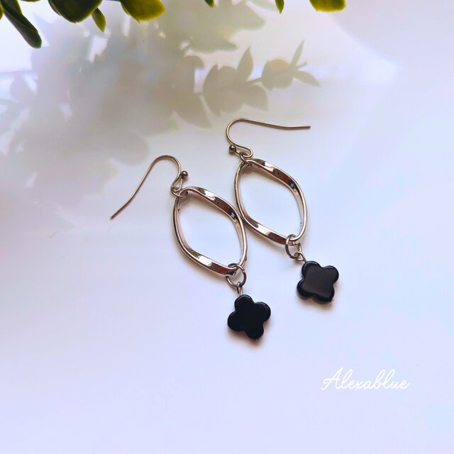 クローバーオニキス ピアス＆ネックレスセット S925×サージカル