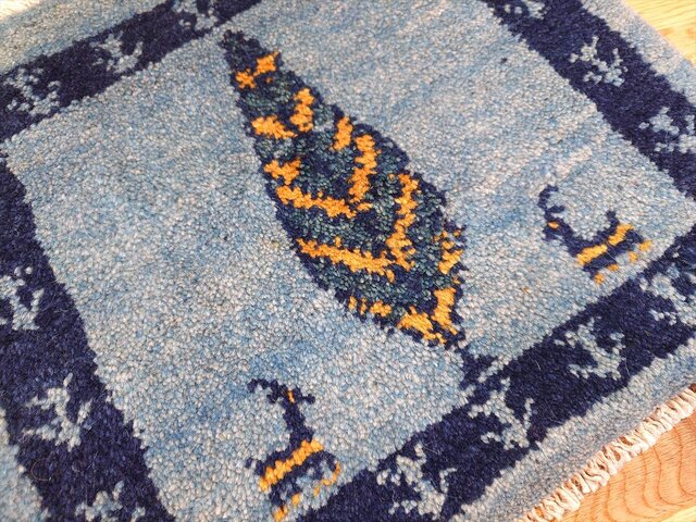 ペルシャ　アマレバフト　ミニマット　円形　40×40　藍色　馬　生命の木 ペルシャ アマレバフト ミニマット 円形 40×40 藍色 馬 生命の木