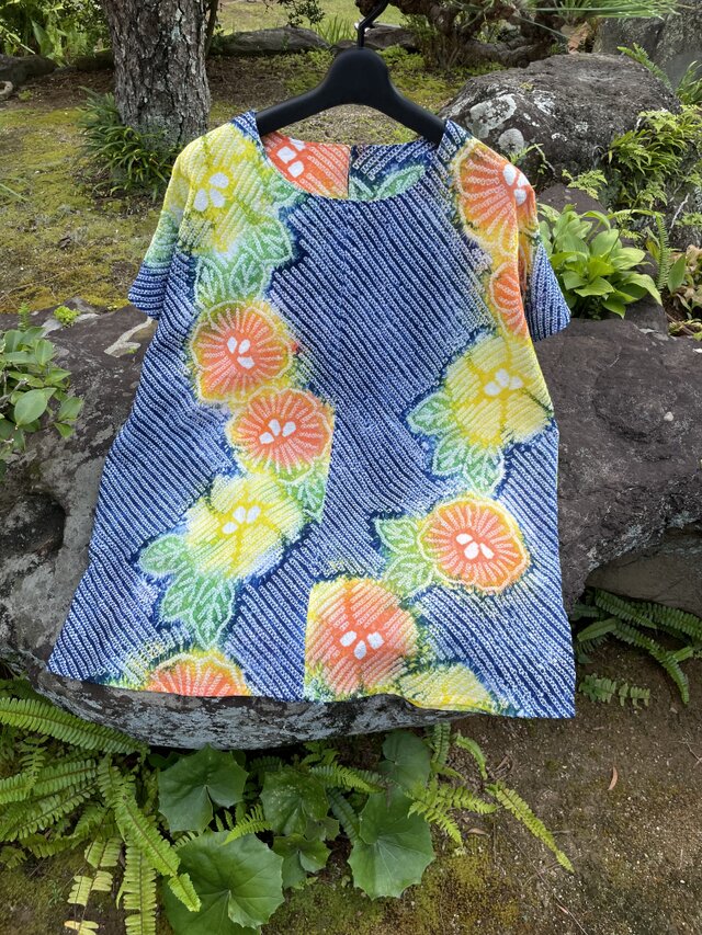 着物リメイク 浴衣有松絞り フレンチ袖チュニック 着物リメイク 有松絞りのチュニックブラウス/フリーサイズ