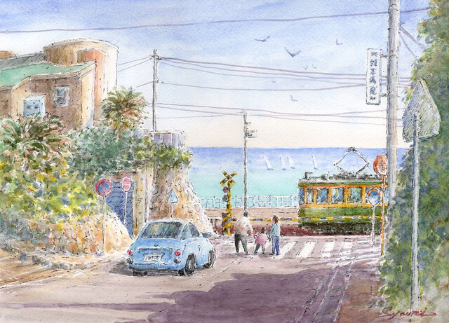 冬の函館市電 水彩画 生原画 水彩画原画 江ノ電・鎌倉高校前踏切16 #678 | iichi 日々の