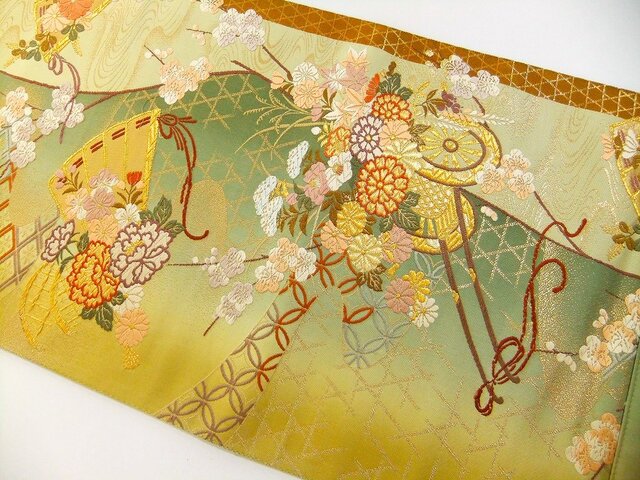16)2345】和柄タペストリー・31×89cm/檜扇花車文様/帯リメイク/日本製