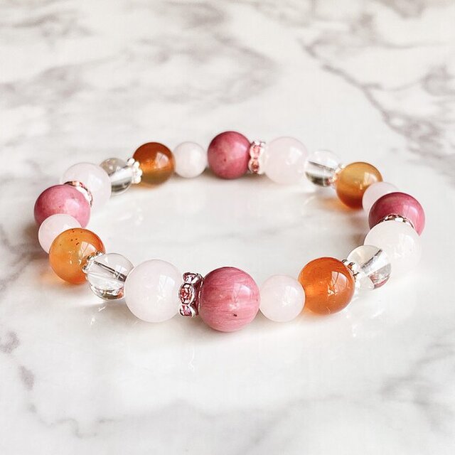 【再販6点以上】片想いを実らせる ロードナイト・カーネリアン・ローズクォーツ・水晶 天然石ブレスレット No270