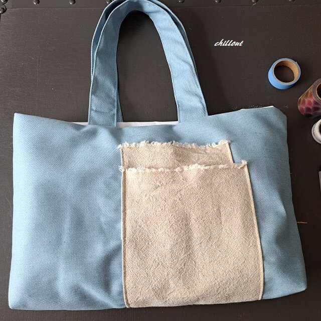 【sale】【デニム】トートバッグ：スカイブルー：リネンWポケット【0847】