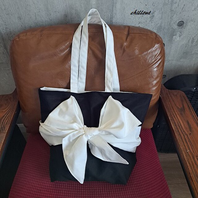 【sale】リボンバッグ：ブラック：コットン【0716】