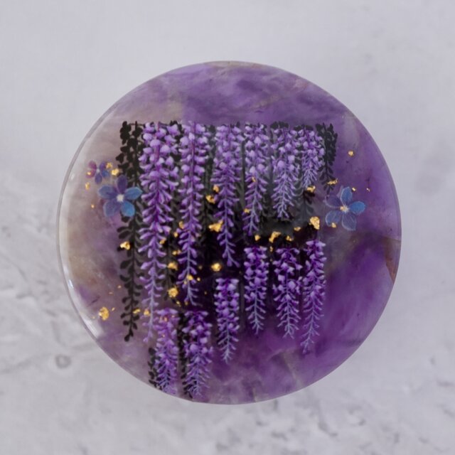 天然石アメジストと藤の帯留め　ブローチ　ポニーフック　金箔