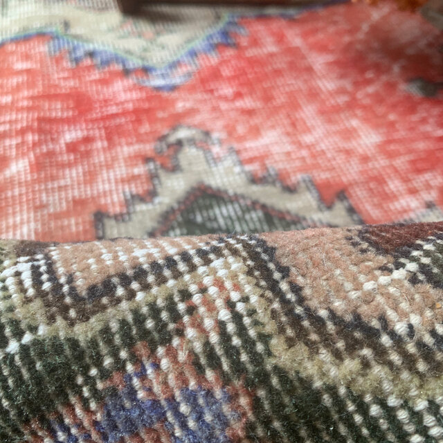 大判137×233赤エンジ×ブルー　メダリオン　シャビー　トルコヴィンテージラグ 37×37 八角形ラグ 赤えんじ×ネイビー トルコヴィンテージラグ