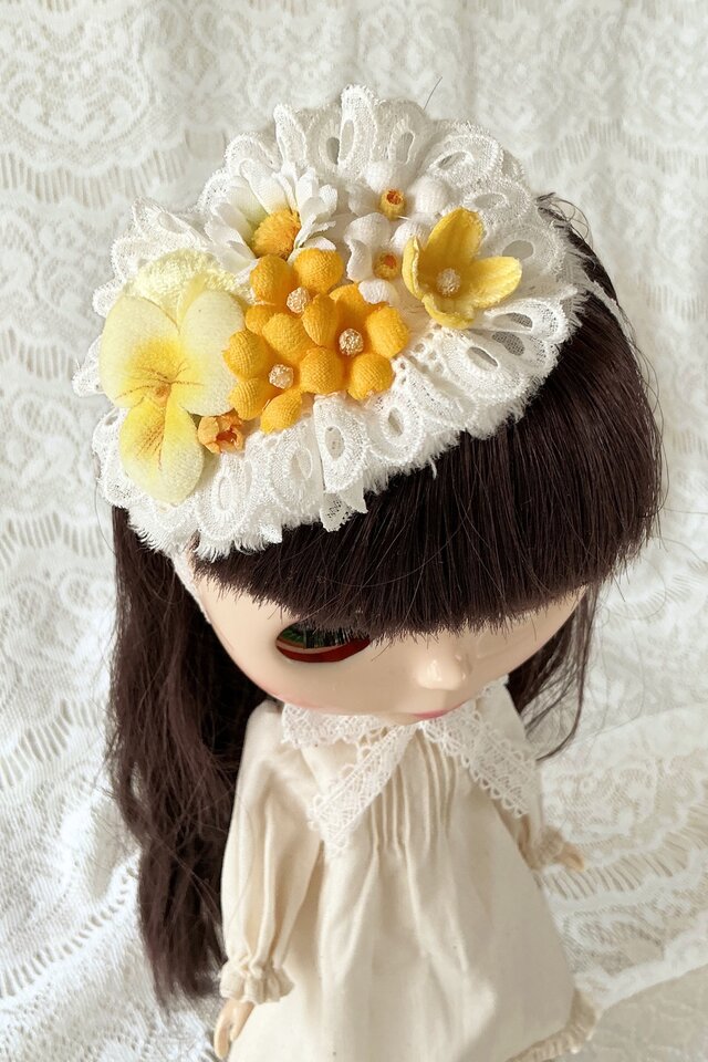 ドール用レースと染め花のスモールヘッドドレス(MLフリー・ビオラ