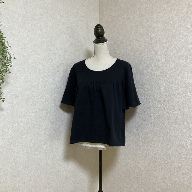 ふわふわコットンWガーゼ ひらひら蝶々みたいなお袖のブラウス　ブラック