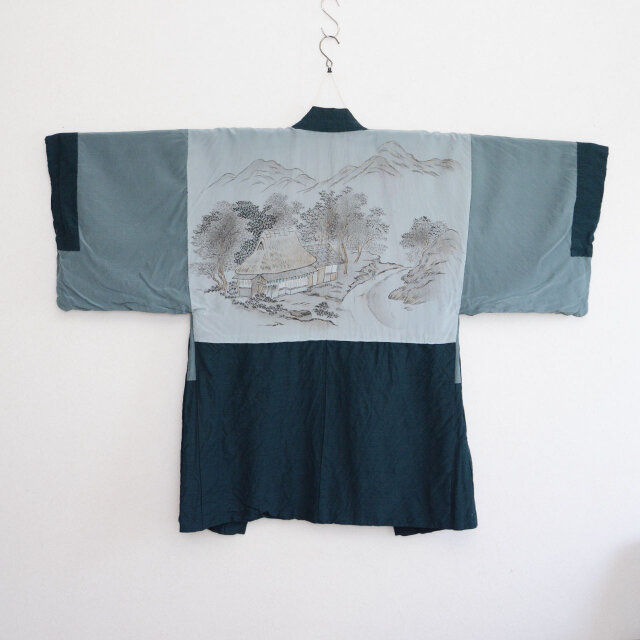 羽織 メンズ 昭和後期 緑色 風景画 羽裏 ジャパンヴィンテージ 着物