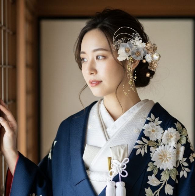 クリア椿と枝垂れパールの髪飾り　No.WT90 成人式　卒業式　結婚式　成人式髪飾り　ヘアアクセサリー　振袖　着物　和装　花嫁